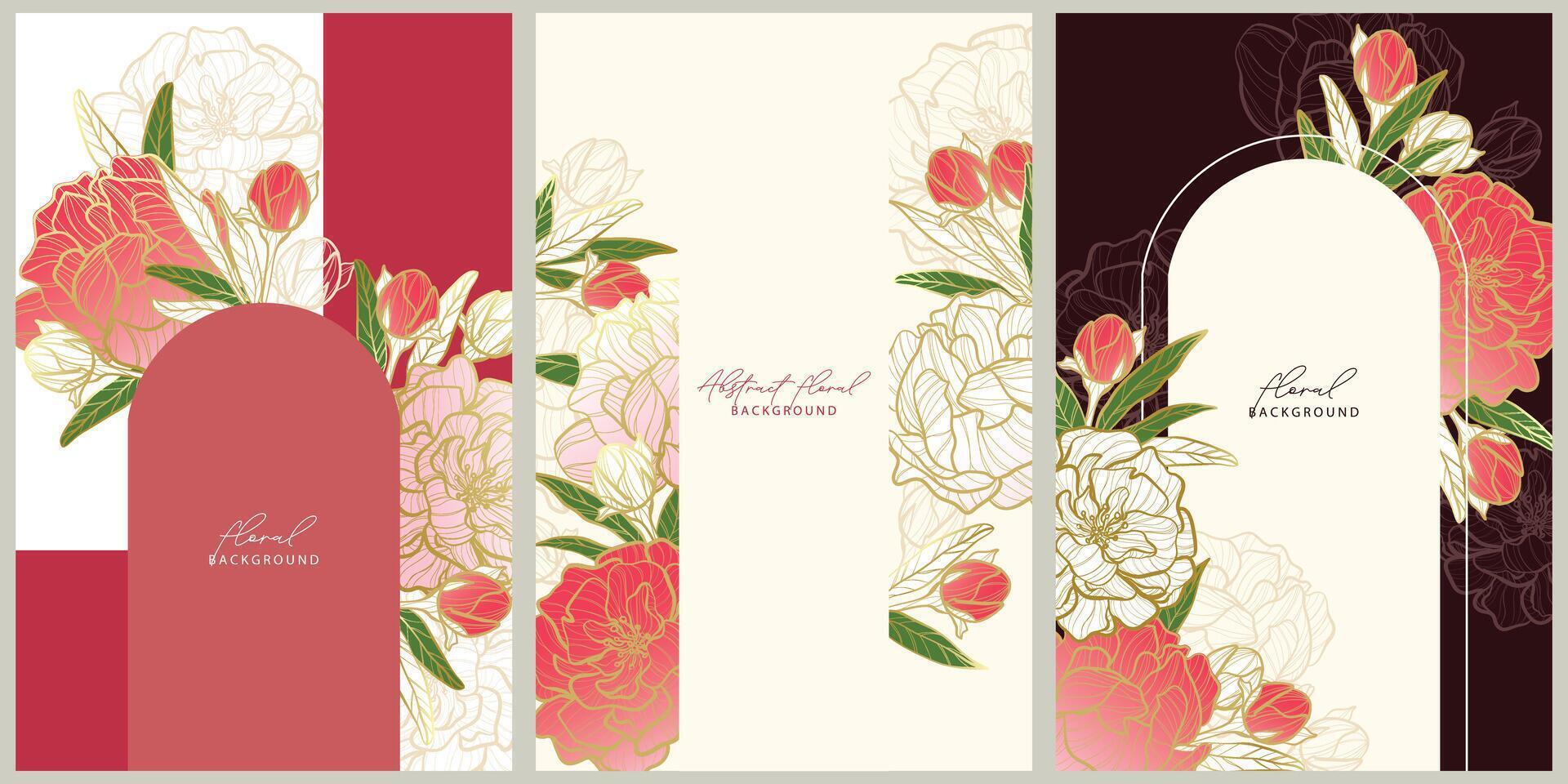Set of Floral peoni golden frame vector