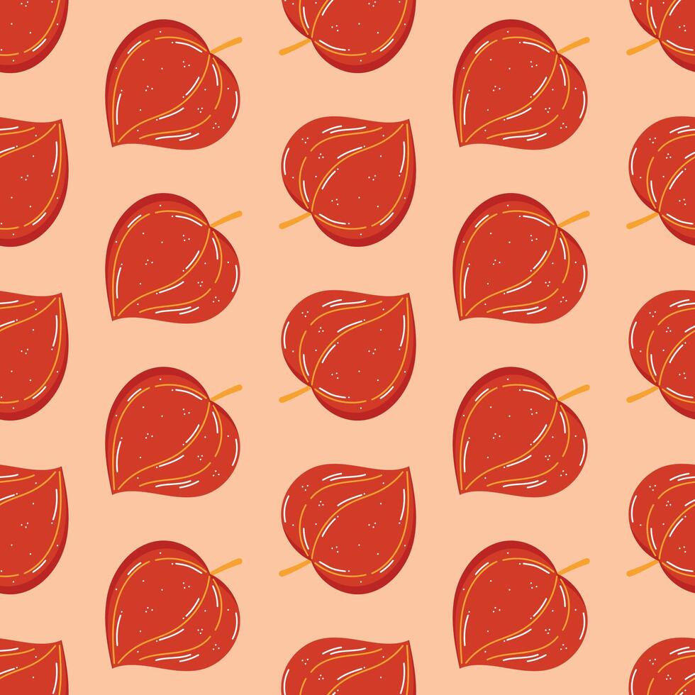 Autumn leaves seamless pattern in hand drawn style, red physalis vector