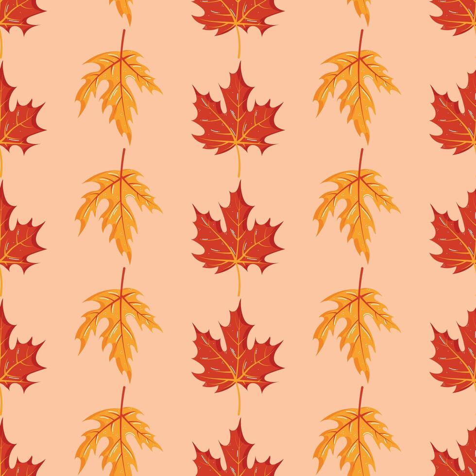 Autumn leaves seamless pattern in hand drawn style, yellow and red maple leaves vector