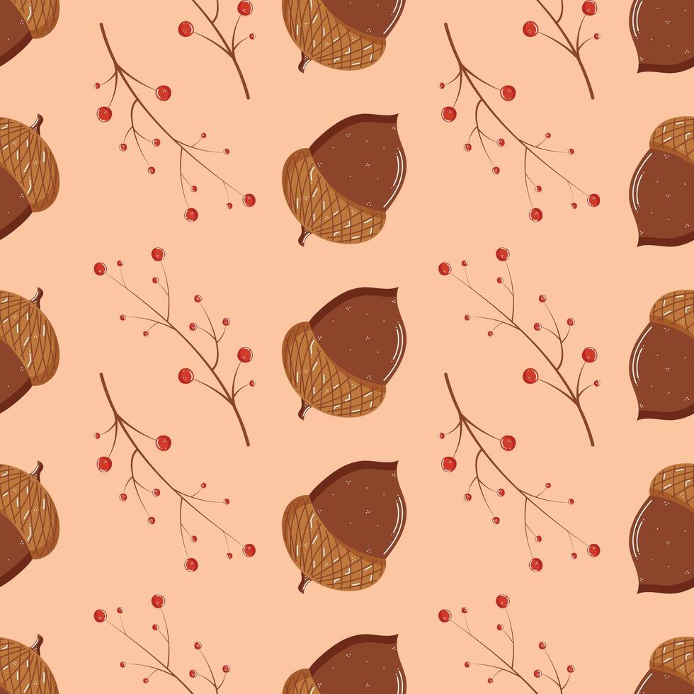 Autumn leaves seamless pattern in hand drawn style, brown acorn and rowanberry vector