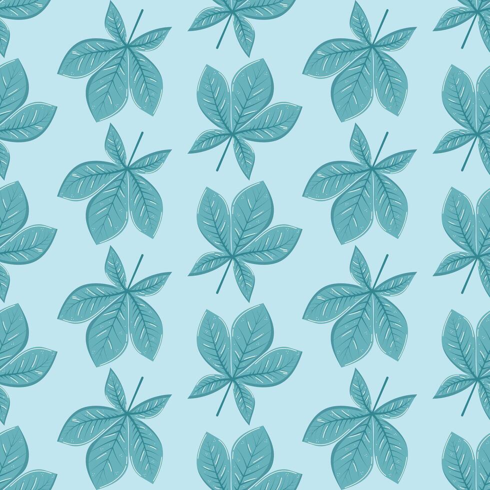 Autumn leaves seamless pattern in hand drawn style, blue chestnut leaves vector