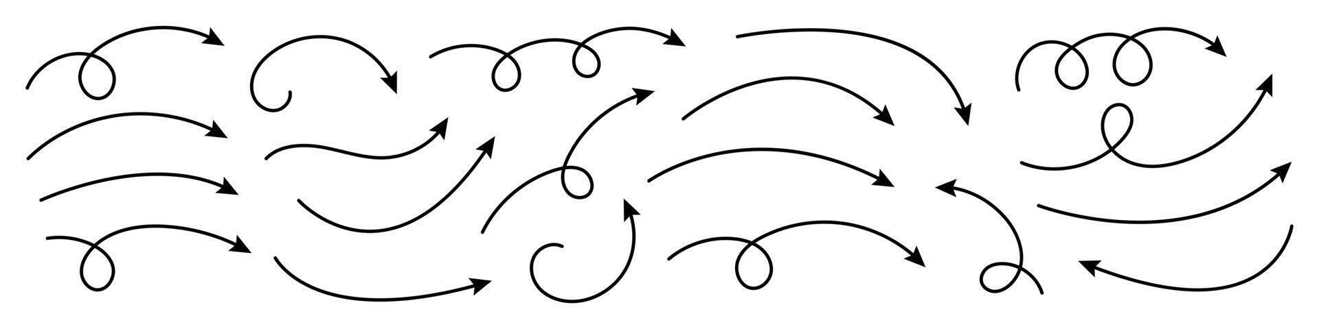 Collection of curved arrows. Set simple curved hand drawn arrows. Collection of pointers. vector