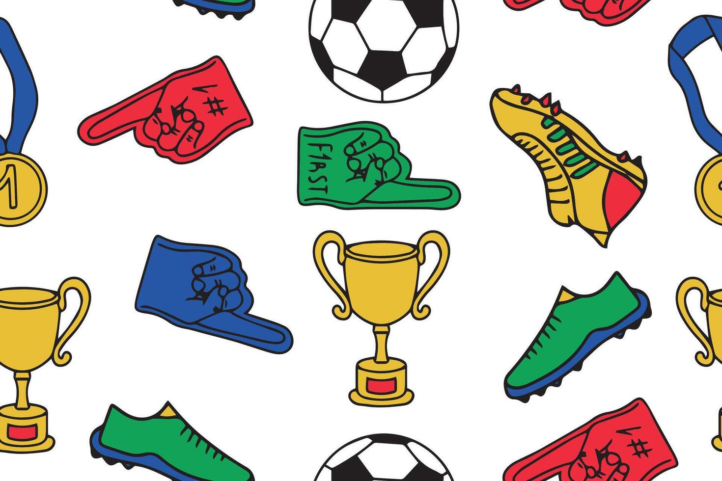 Seamless pattern of clothing and paraphernalia of football players in doodle style. Football decorative illustration. vector