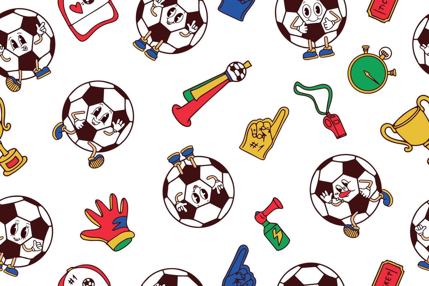 Seamless pattern of cute Funny happy soccer ball characters and football and fans attributes. Hand drawn kawaii cartoon characters. vector