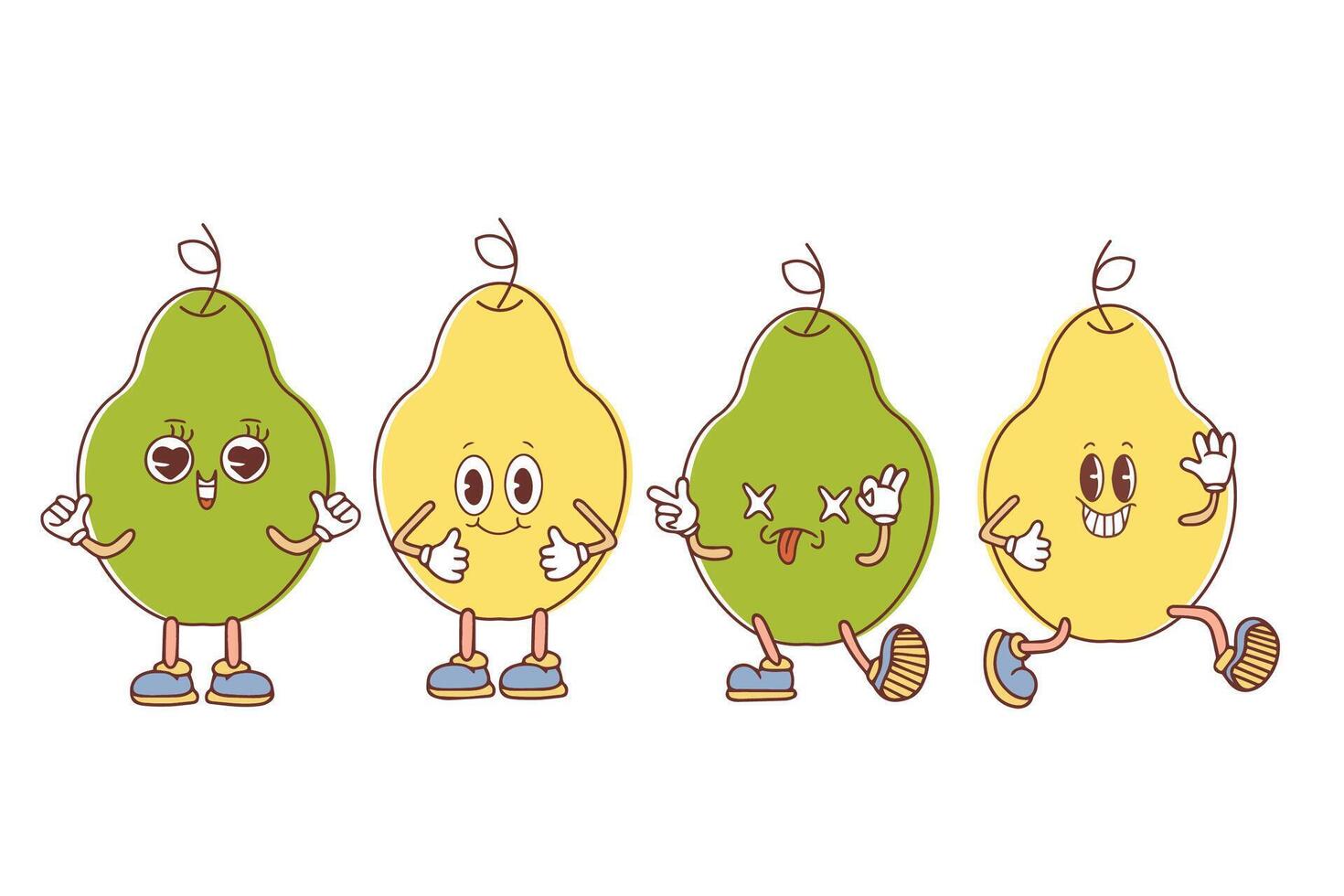 Set of emoticons on colorful pears. Funny cartoon groupies in kawaii style. illustration isolated on white background. vector