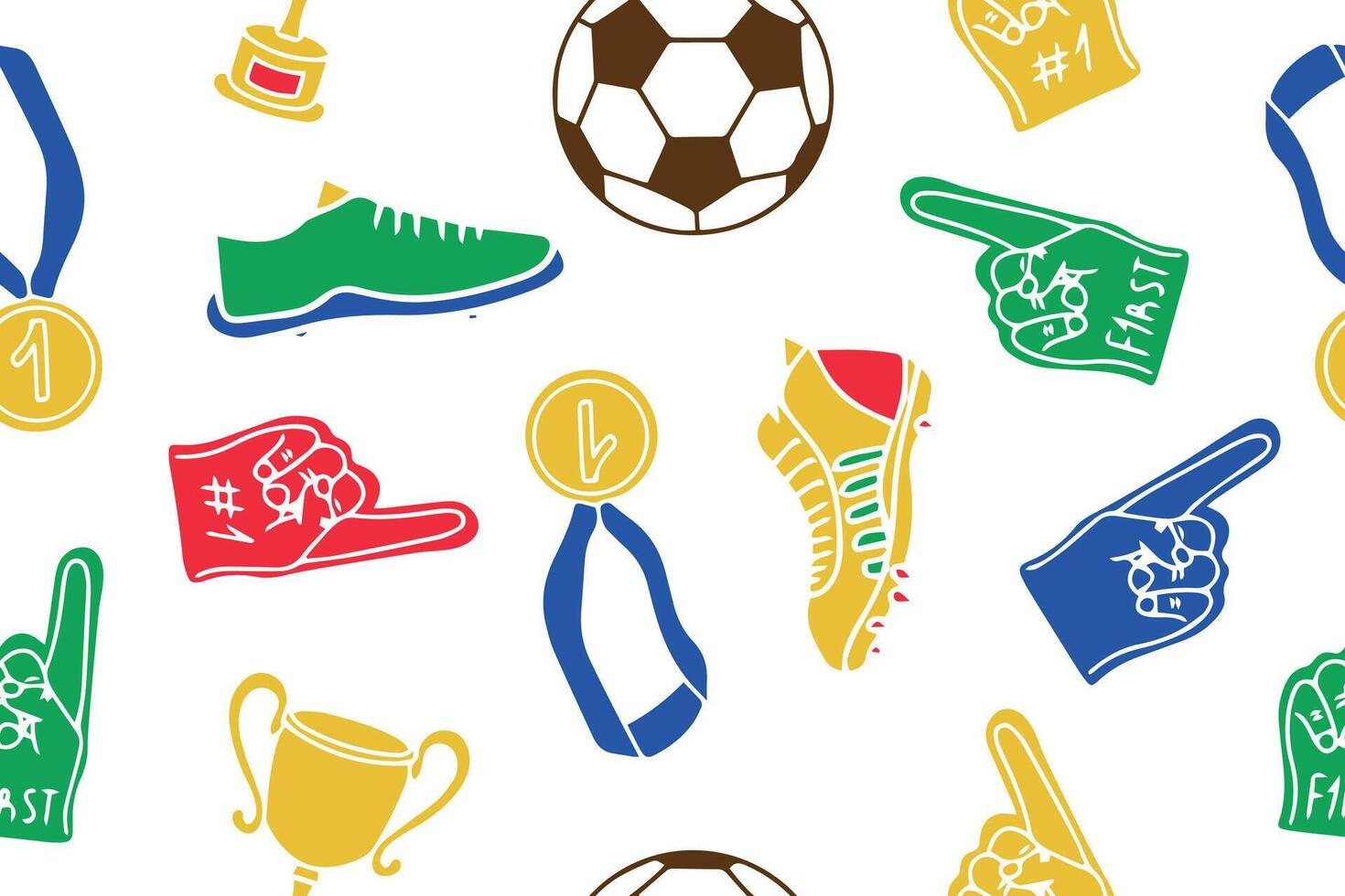 Seamless pattern of clothing and paraphernalia of football players in doodle style. Football decorative illustration. vector