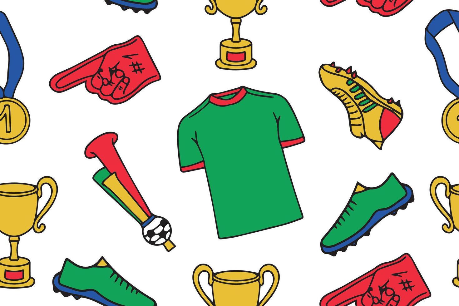 Seamless pattern of clothing and paraphernalia of football players in doodle style. Football decorative illustration. vector