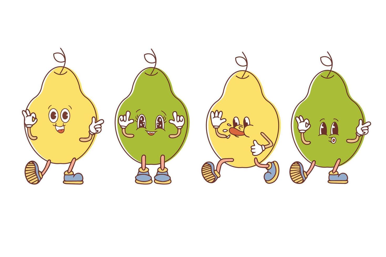 Set of emoticons on colorful pears. Funny cartoon groupies in kawaii style. illustration isolated on white background. vector
