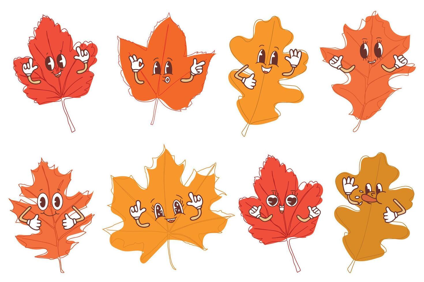 Set of autumn leaves in kawaii style. illustration isolated on white background vector