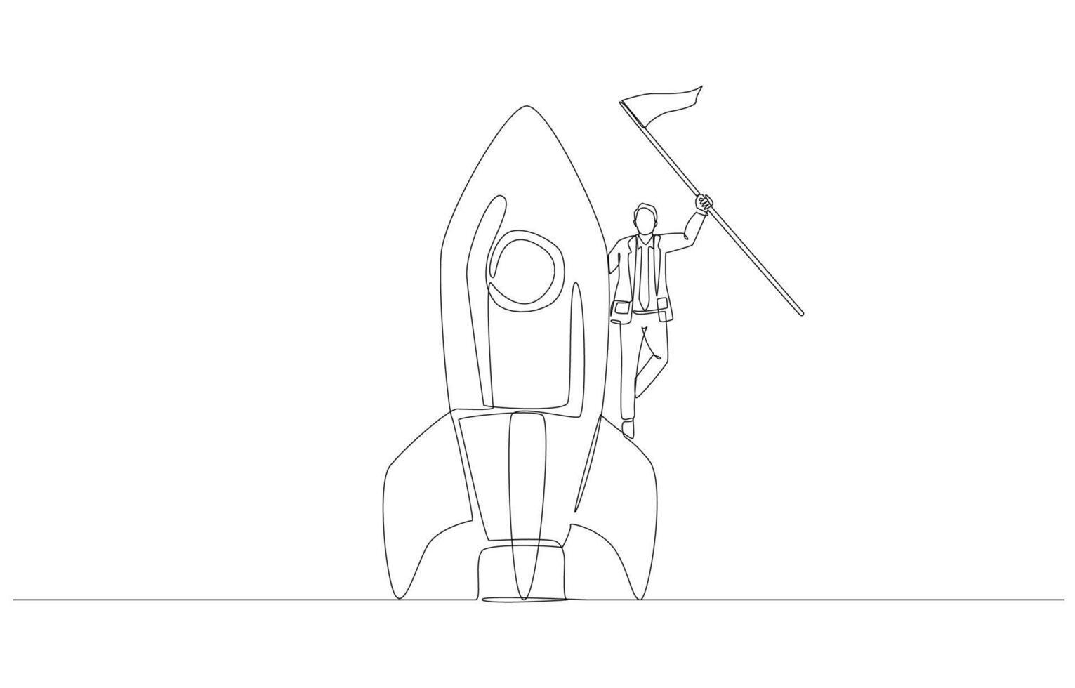Continuous one line drawing of businessman raising flag on rocket, successful startup, making profit from new business concept, single line art. vector