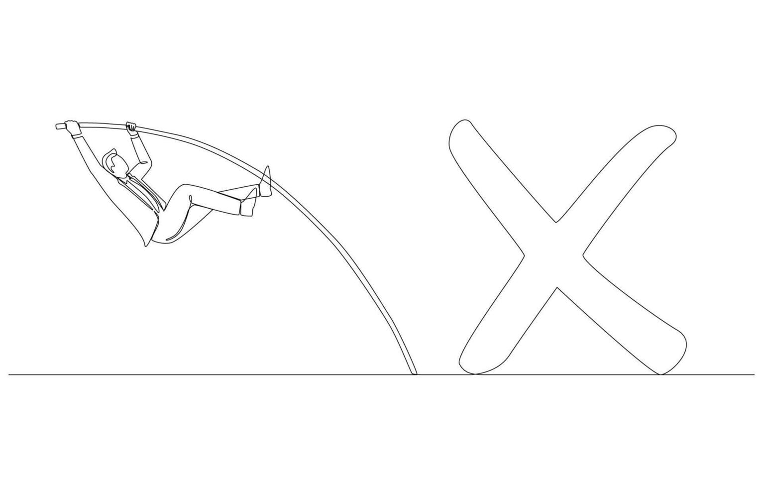 Continuous one line drawing of businessman jumping pole vault over cross sign, overcoming career mistake, learning from business failure concept, single line art. vector