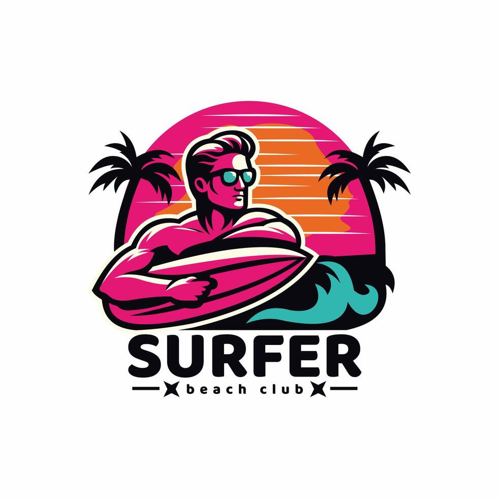 surfer logo with a combination of a man, waves, beach, palm, vector