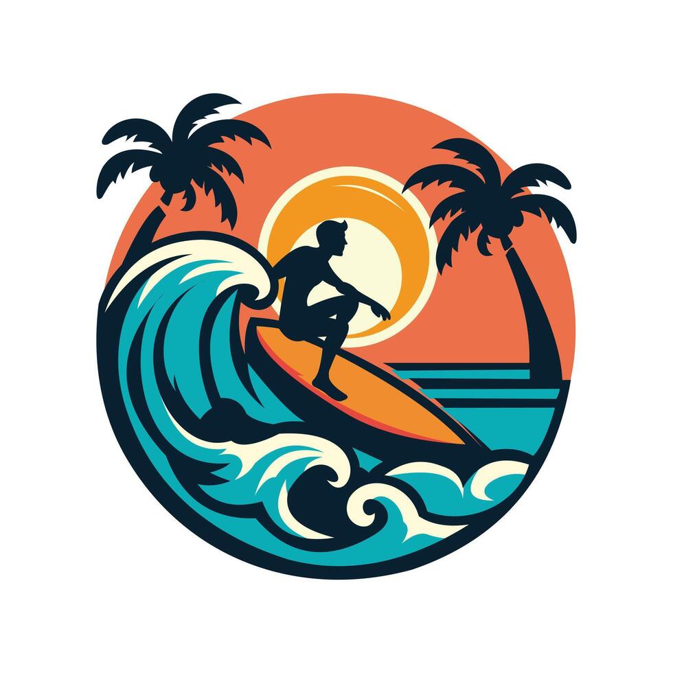 surfer logo with a combination of a man, waves, beach, palm vector