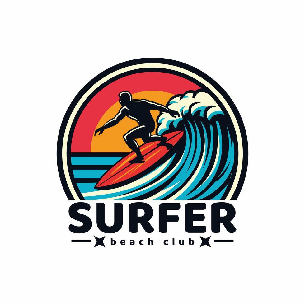 surfer logo with a combination of a man, waves, beach, palm, vector