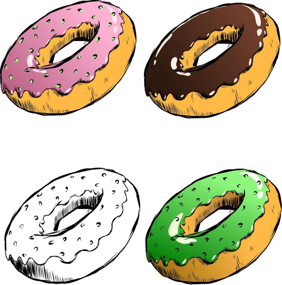 different donuts with pink and chocolate icing on top and some colored sprinkles. illustration fried round multi-colored donuts with strokes around the edges. Shiny sugar glaze in gradient vector