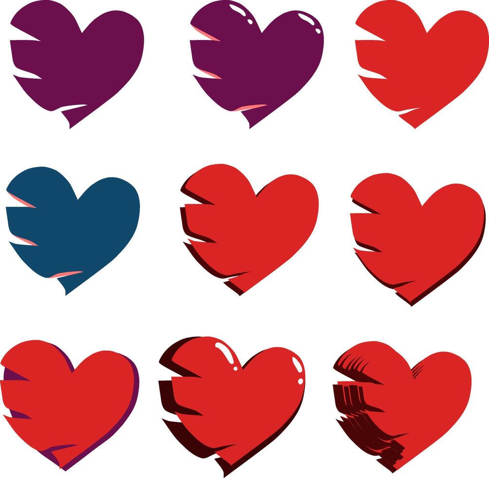 Different logos torn heart red fine and purple color on transparent background. illustration heart with scratches from claws on the left side. Multiple elements with shadow and depth. vector