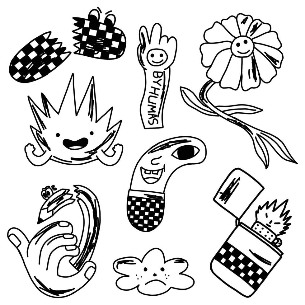 cute character y2k line art illustration vector