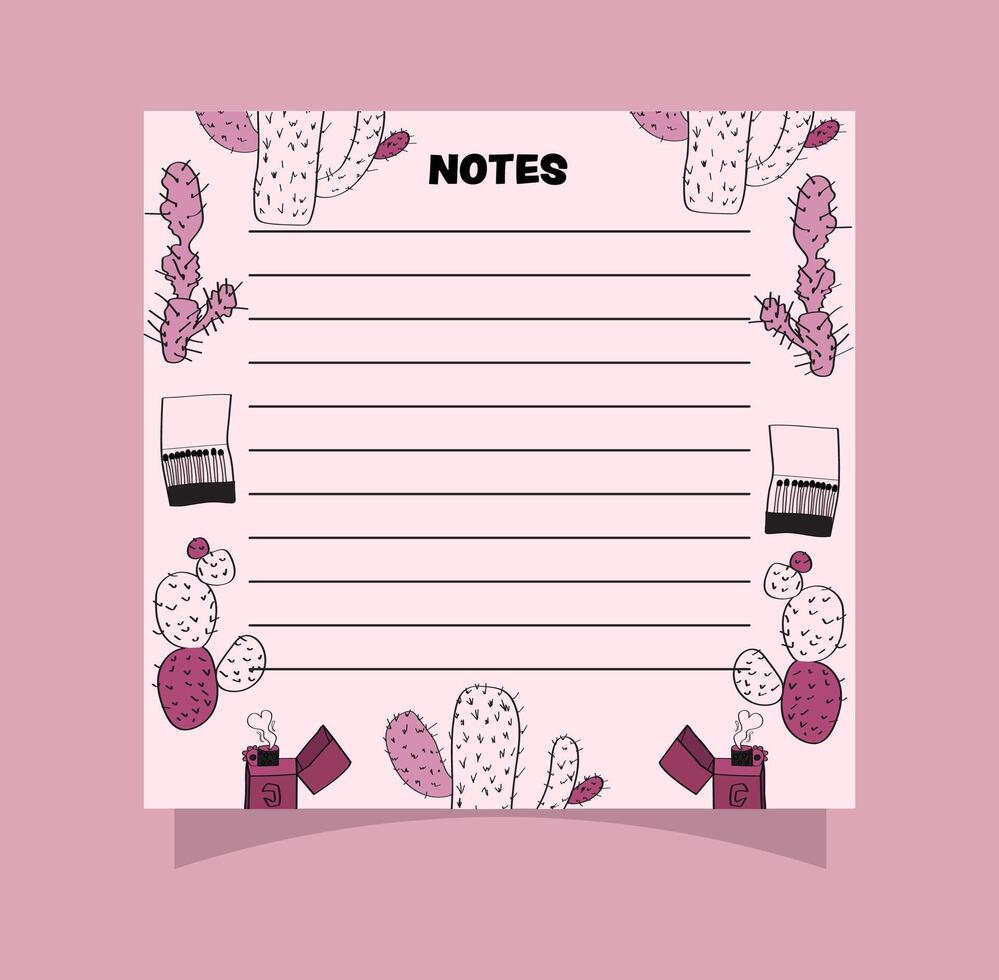 Small square notepad page design with pink cacti. vector