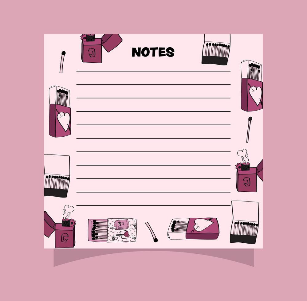 Small square notepad page design with Pink boho matchboxes. vector