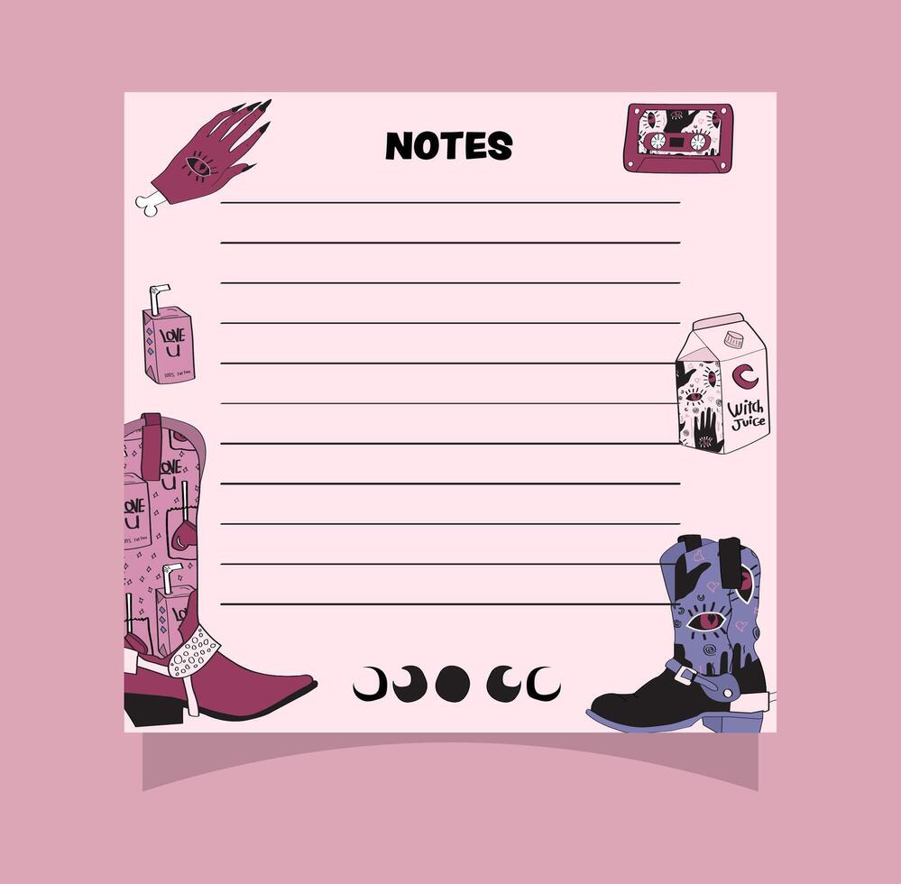 Boho cowgirl boot elements small square notepad page design. vector