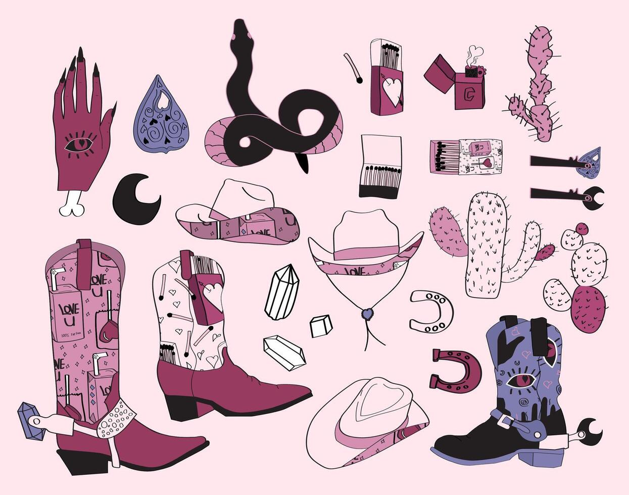 pink dark boho glamour cowgirl boots, hats and planner stickers elements collection. vector
