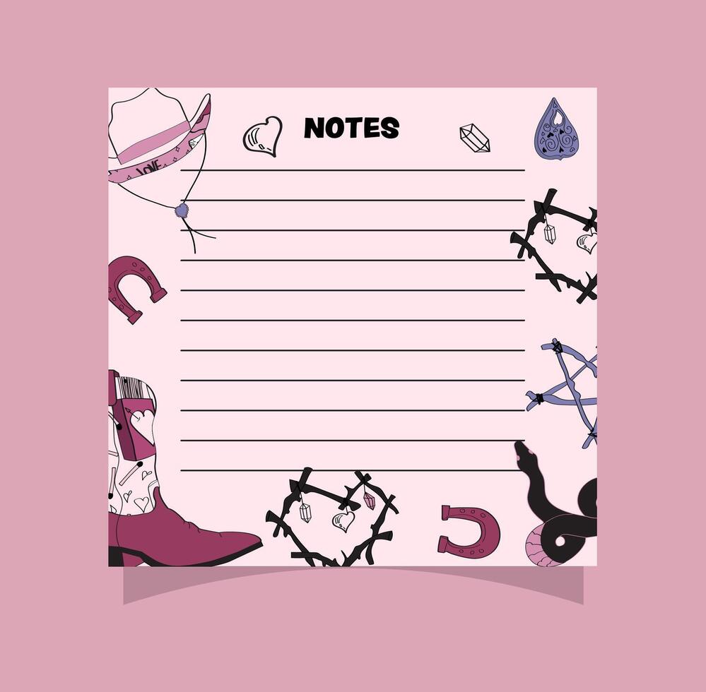 boho pink western cowgirl small square notepad page design. vector
