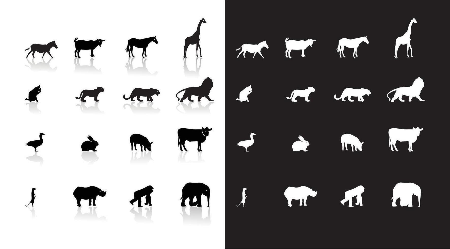 Wild and Farm animals Silhouette collection with White Background vector