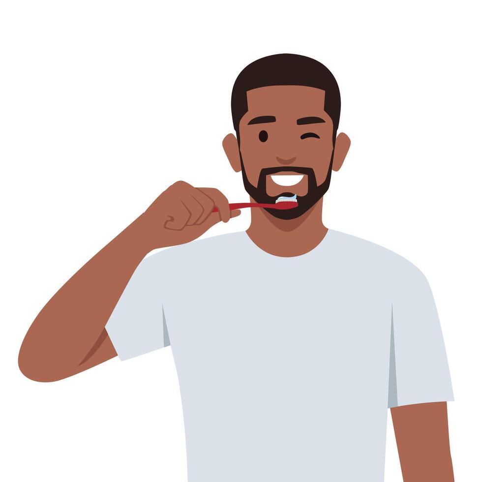 Smiling young man brushing teeth with toothbrush in morning. vector