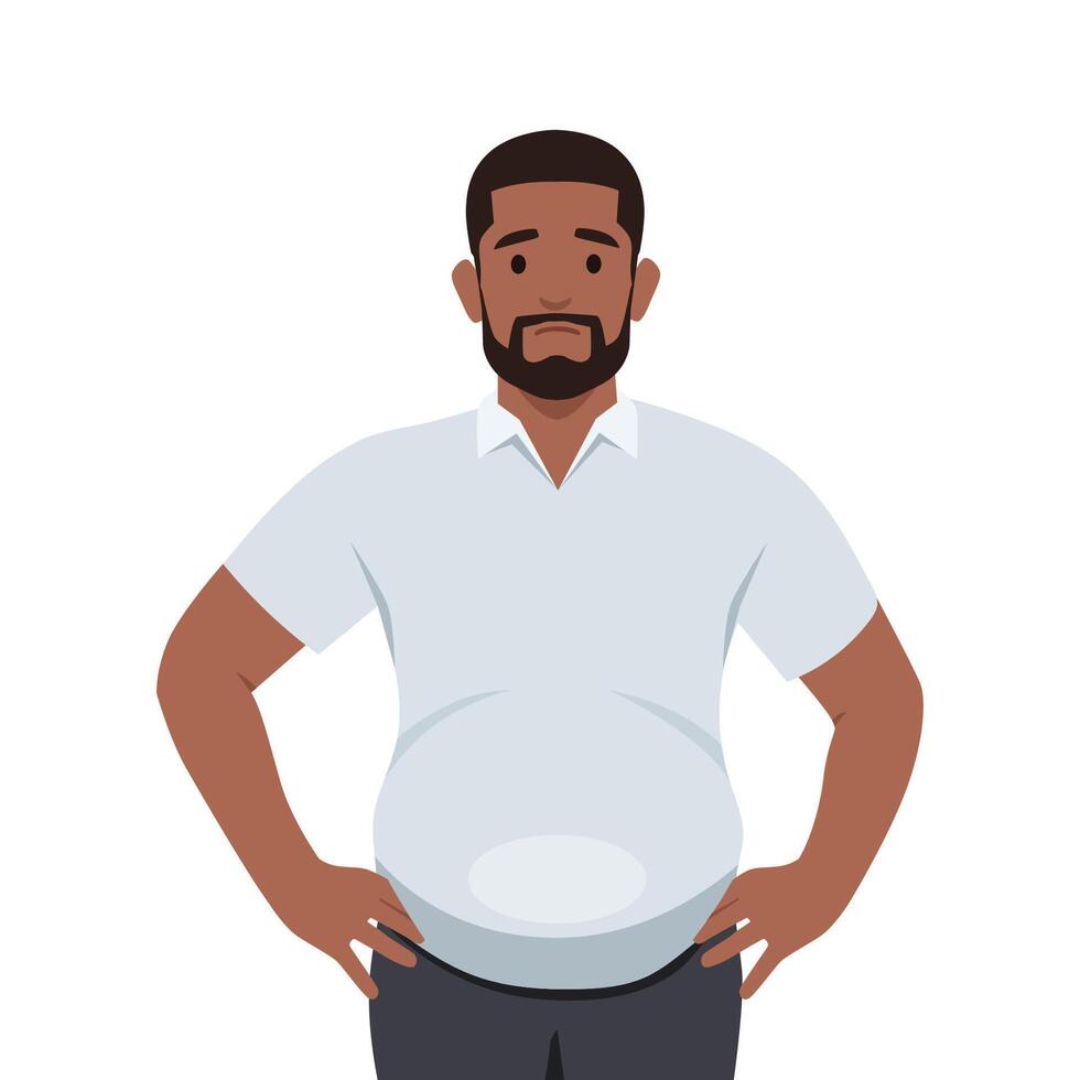 Young bearded man worried about belly fat. vector