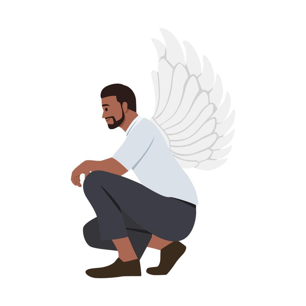 Beautiful and self confident businessman with wings. Kneeling down. vector