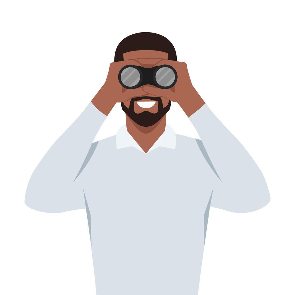 Young businessman character looking through binocular. vector