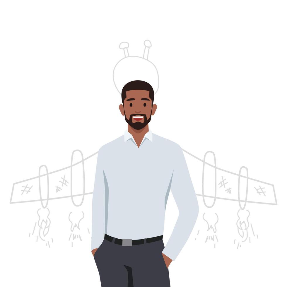 Businessman standing with hand inside his pocket with sketch of jetpack rocket. vector