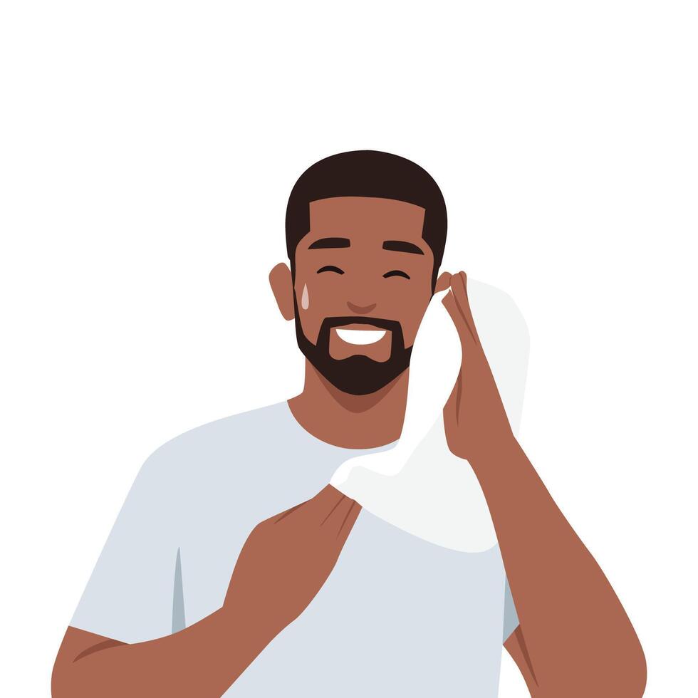 Man drying off with towel after sweating at gym. vector