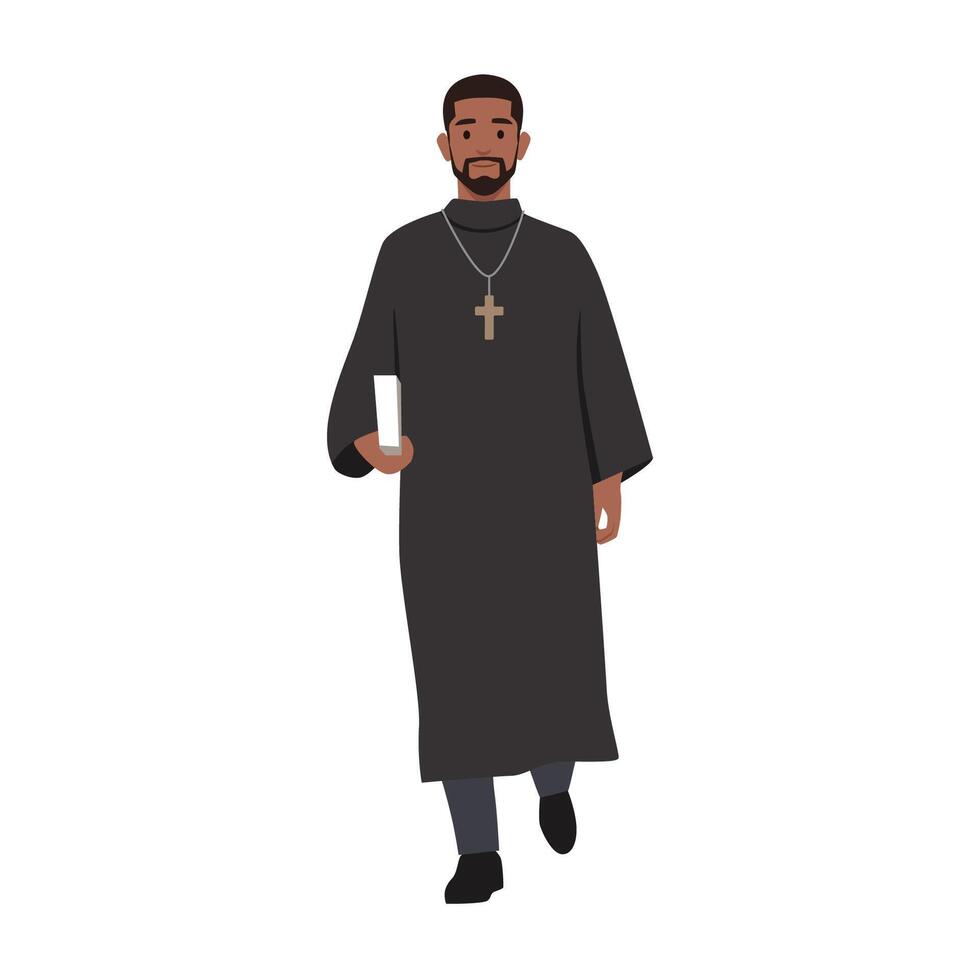 Catholic priest. Pastor reads prayer, holds cross. vector