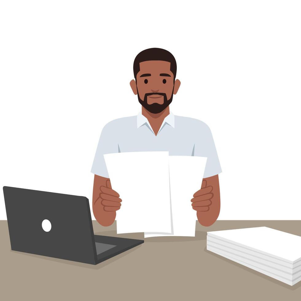 Young man looking through paper documents, satisfied with research. vector