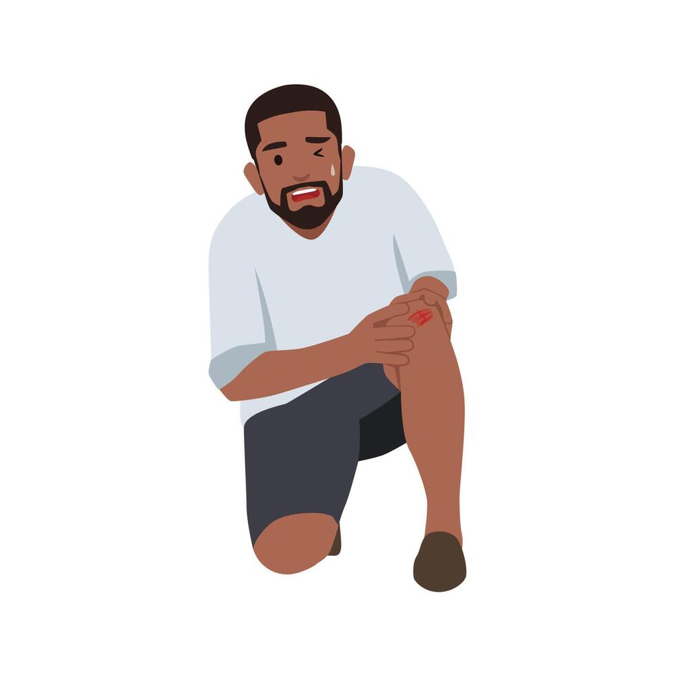 Young bearded man flop falling having knee pain. kneel Arthritis pain. vector