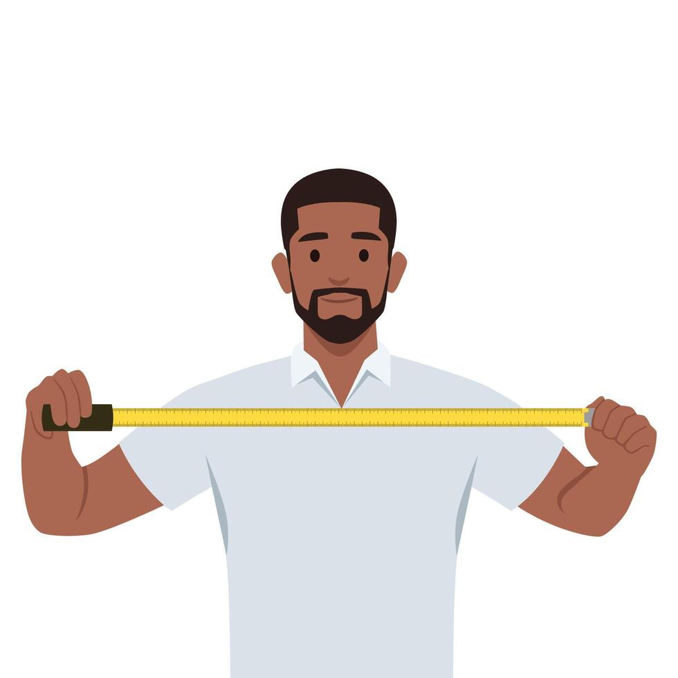 Man with measuring tape offers to find out exact size. vector