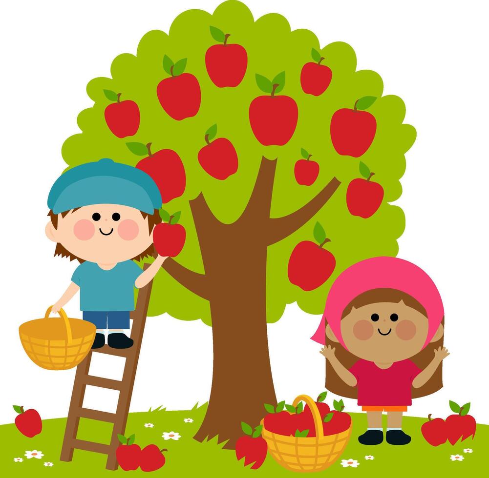 Children picking apples under an apple tree in the garden. Kids at the farm harvesting apple fruit. vector