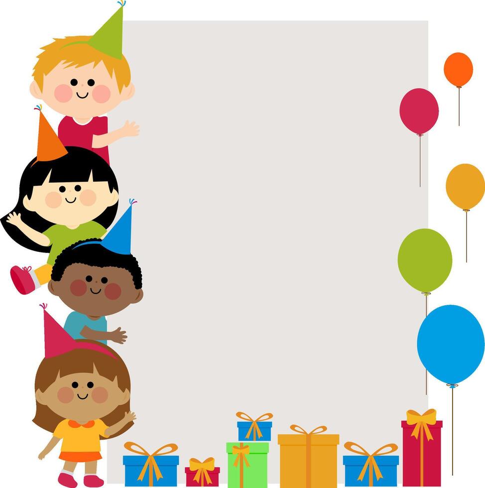 Birthday party celebration border with children celebrating. Diverse group of birthday party children with party hats holding a blank banner and boxes of presents and balloons. vector