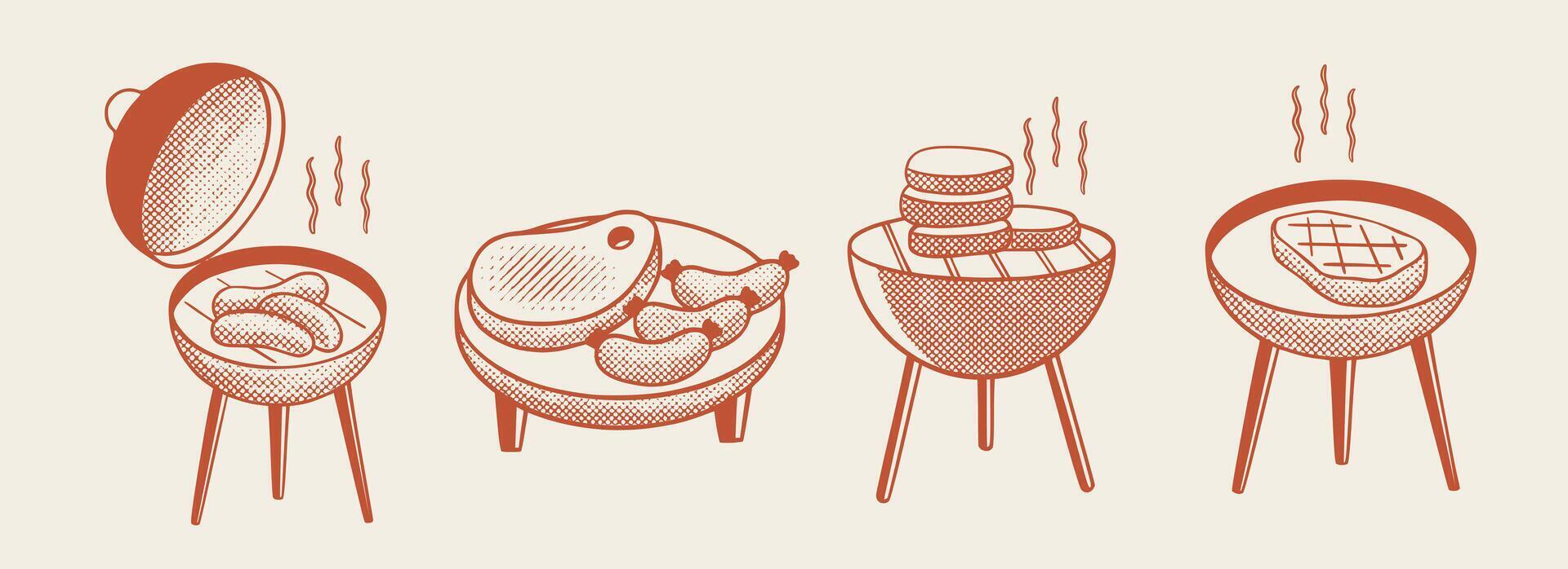Vintage Style Barbecue Grill and Hot Grill Tools BBQ Party Halftone Illustration vector