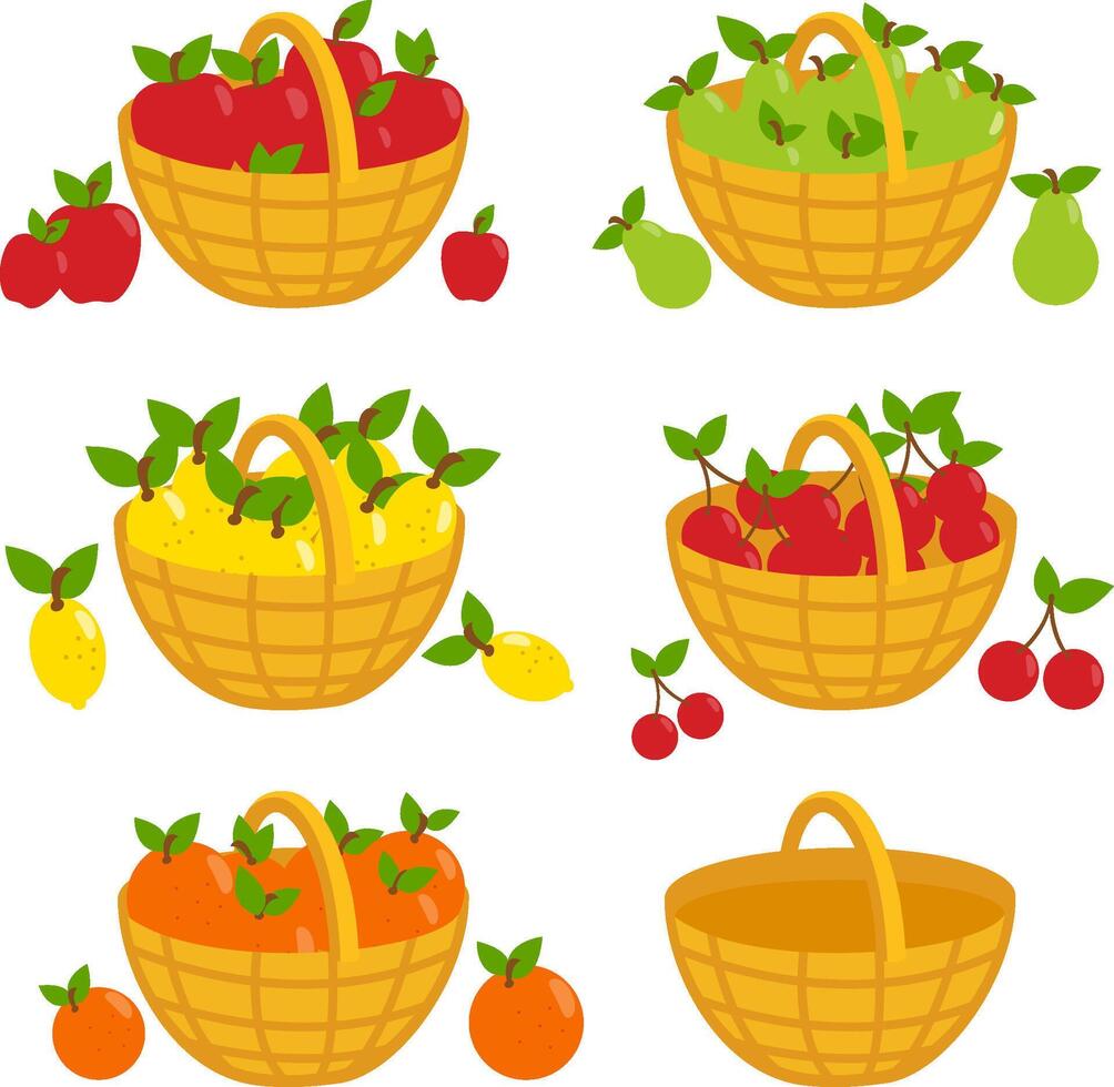 Baskets full of fruits grown in farms, gardens and orchards. Set of farmers fruits in baskets. Apples, pears, lemons, cherries and oranges. vector