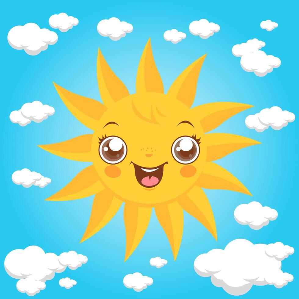 Cute cartoon illustration of a sun and clouds at the sky. Happy smiling sun in blue sunny day sky. vector