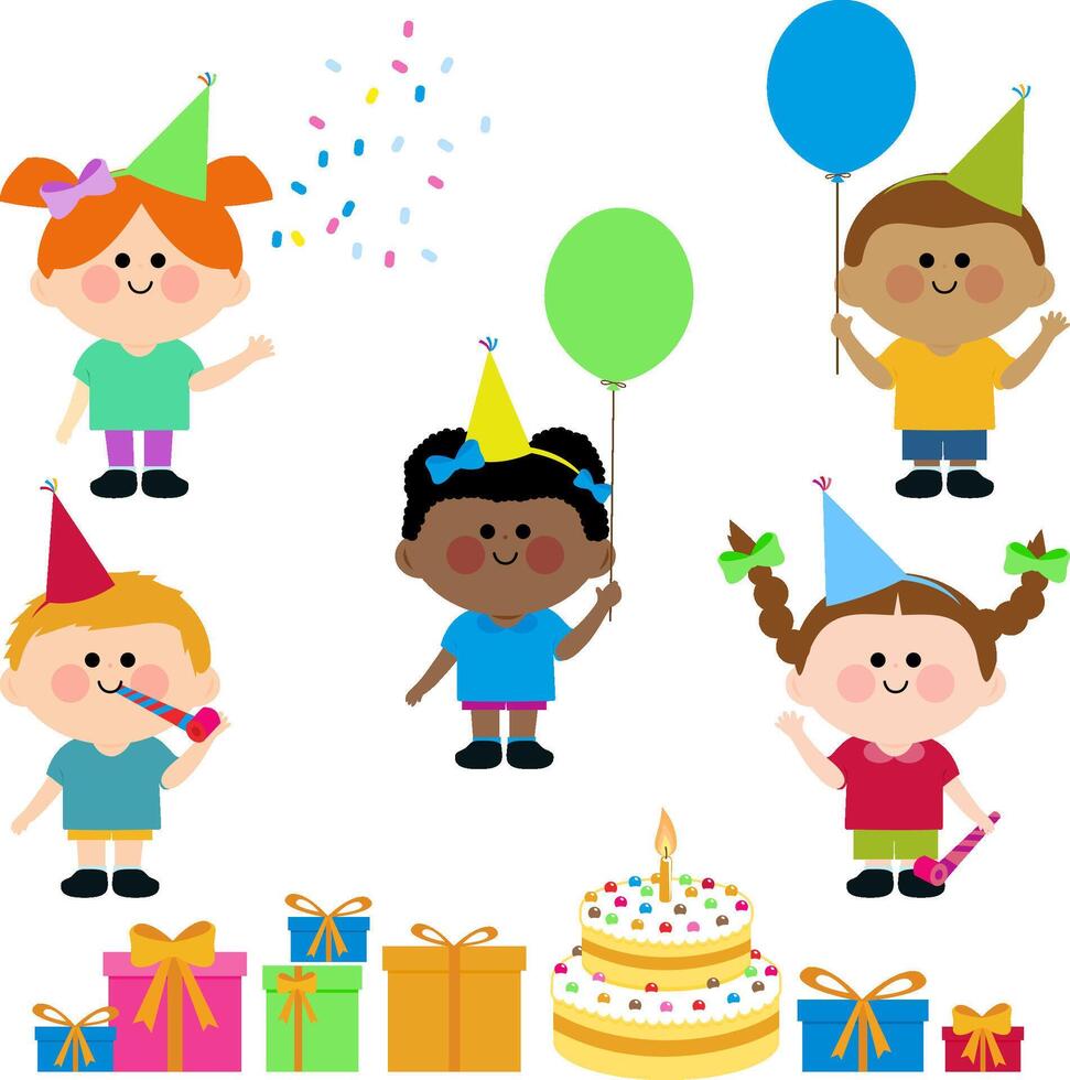 Group of children with party hats, balloons, boxes with presents and a birthday cake. Party kids, boys and girls having fun at a birthday party. vector