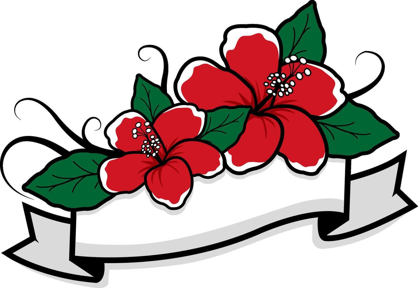 Hawaiian hibiscus flowers and blank sign with tropical flowers. Ribbon banner decorated with Hawaiian hibiscus flowers. vector