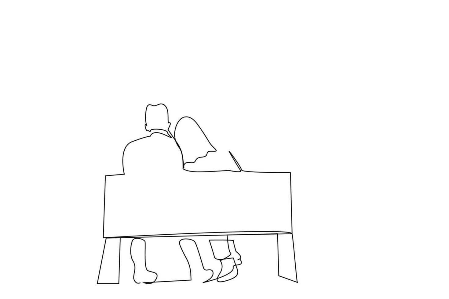 adult couple in love are sitting on the bench outside in park back behind view one line art design vector