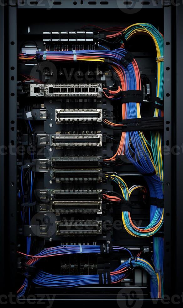 Fiber optic cables connected to network switch in data center room photo