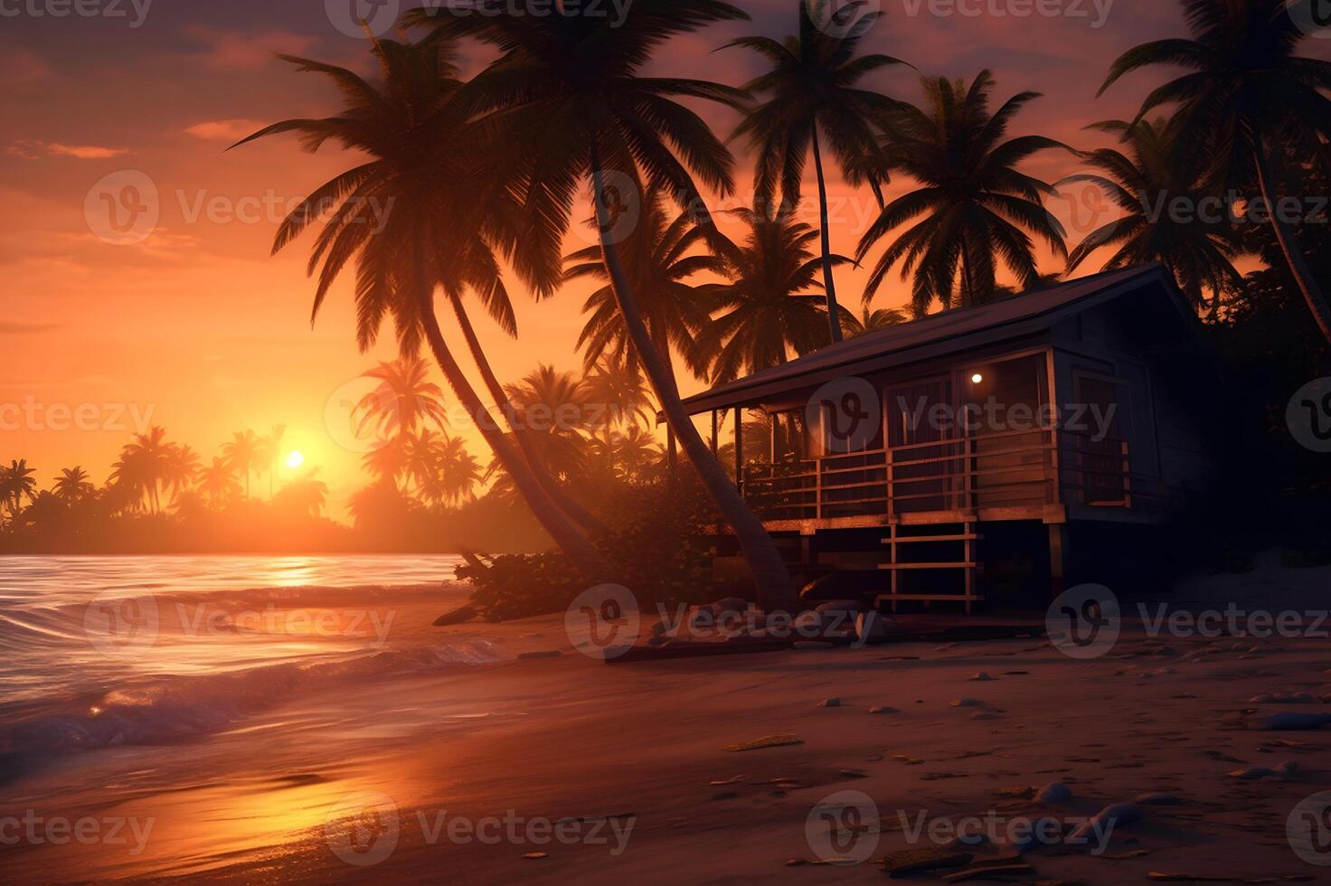 Palm trees on the beach at sunset with a wooden hut in the foreground photo