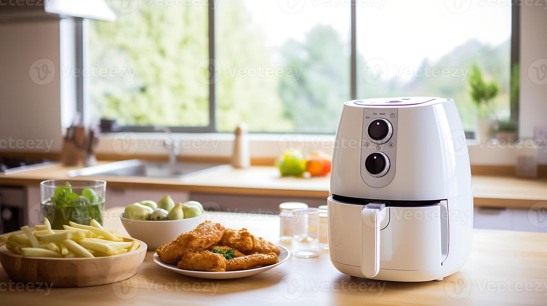 Modern electric kettle on the table in the kitchen. Modern kitchen. photo