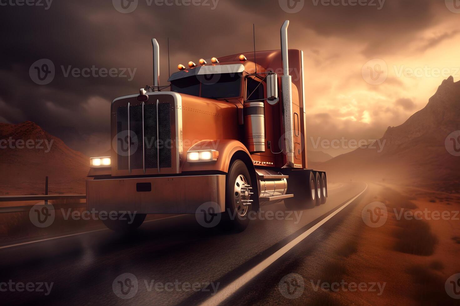 American style Truck on the highway at sunset photo