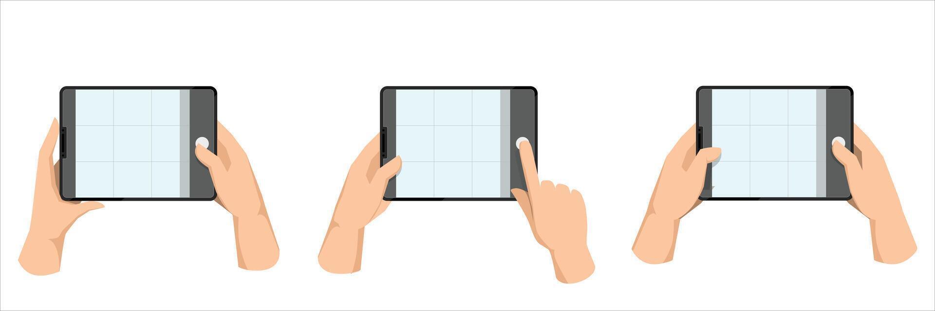 Many hands holding tablet, taking tablet photo. Making photograph with grid on tablet screen. vector